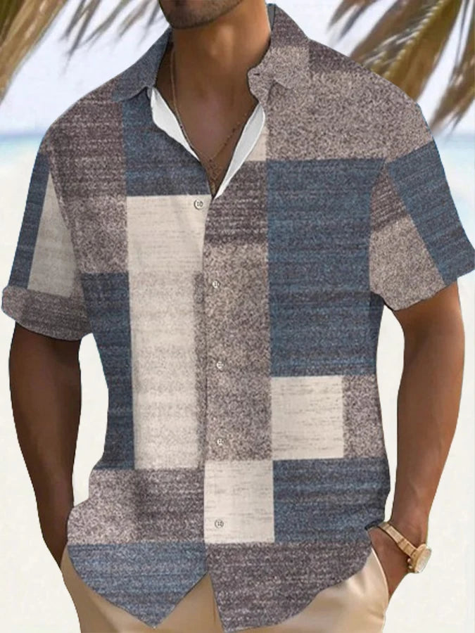 Retro Men's Shirt Fashion Lattice Print Hawaii Shirt Summer Casual Short Sleeve Cardigan Top Street Vintage Overszied Clothing