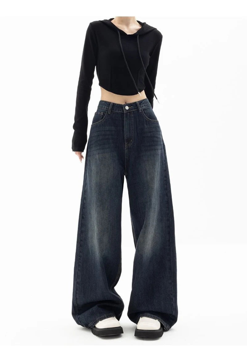 Retro Street Style Wide Leg Pants Niche Design Floor Length Pants High Waisted Loose Fit Slimming Jeans For Women