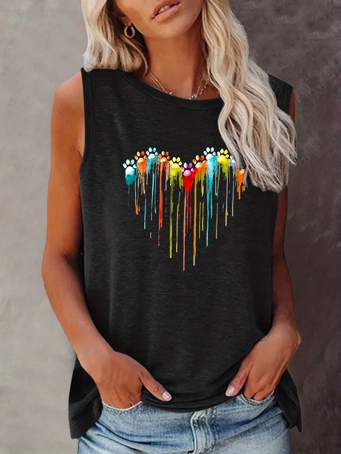 Women's Summer Colorful Paw Print Loose Size Breathable and Comfortable Sleeveless Tank Top T-shirt Summer Casual Loose