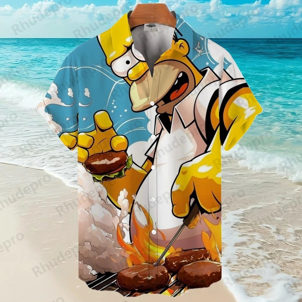 Disney The Simpsons family Anime Summer New Streetwear Men Lapel Short Sleeve Hawaiian shirt Harajuku Style Fashion Casual Slim