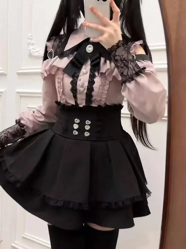 Japanese Gothic Lolita Dress Set Women Harajuku Y2k Bow Lace Ruffles Collar Mini Dresses Female Elegant Party Cute Dress