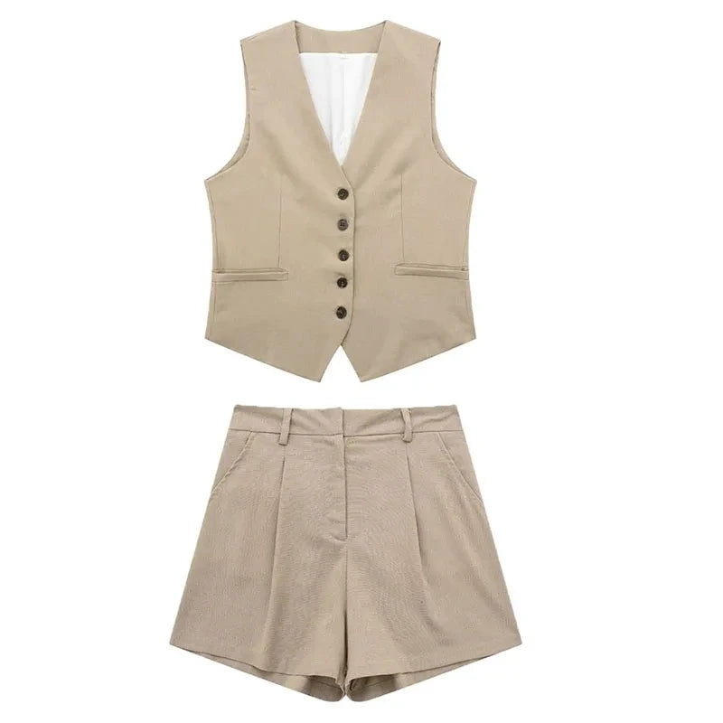 TRAFZA Women Elegant Solid Waistcoat Pant Sets Single Breasted V Neck Vest Top + High Waist Slim Shorts Lady Office Wear Suits