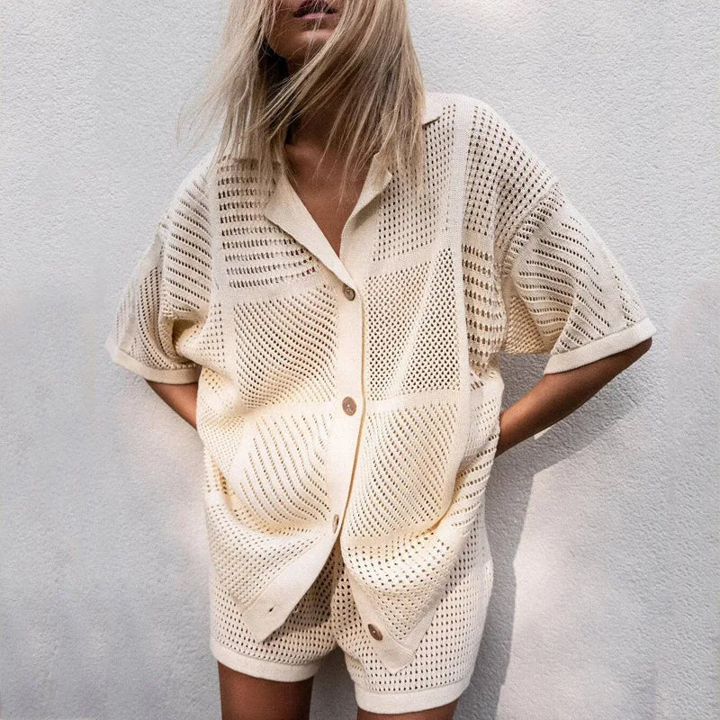 Slim Knit Hollow Out Cardigan Tops Set Women Sexy Single Breasted Short Sleeve Shirt Lace-up Shorts 2025 Summer New Lady Outfits