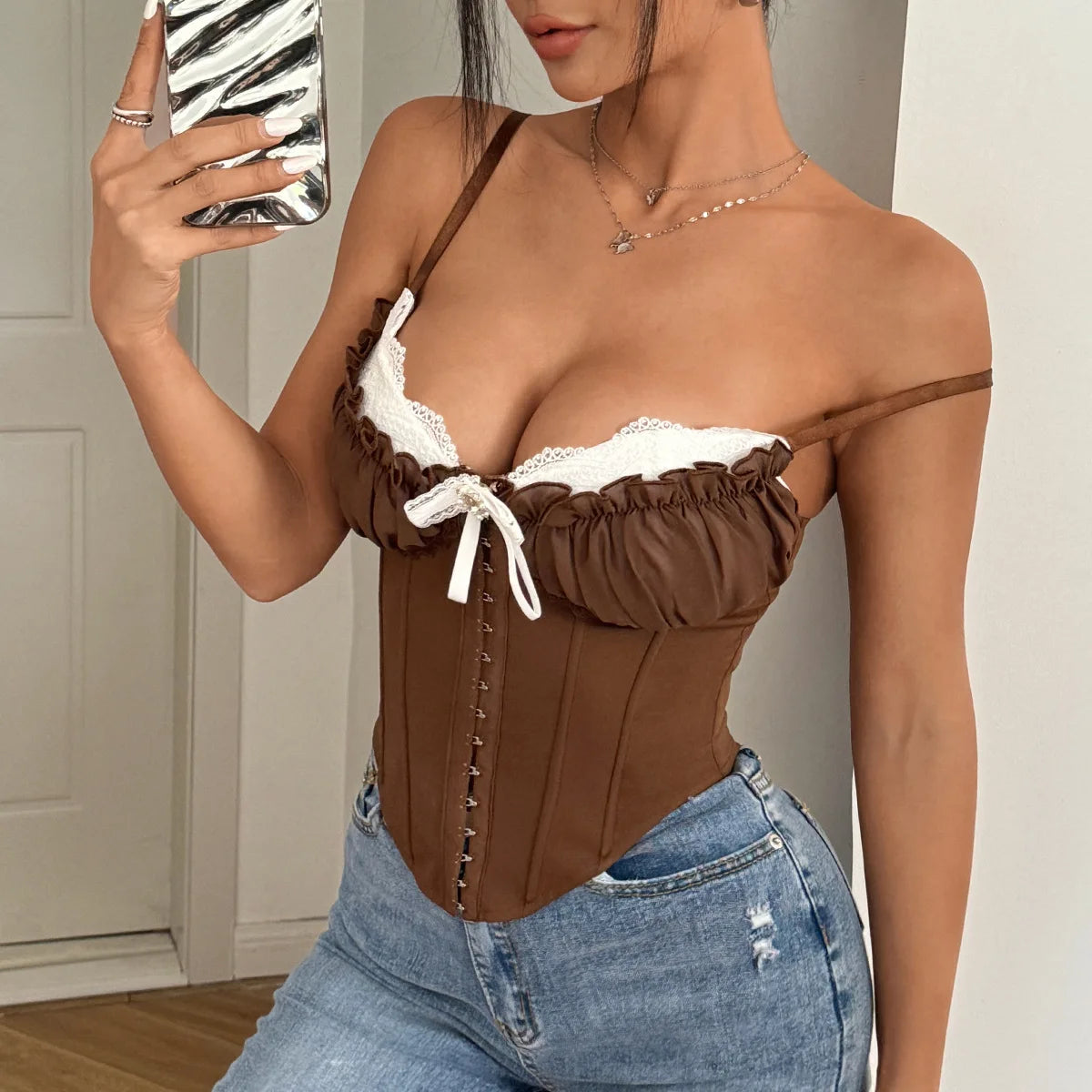Women Fishbone Corset Top Sexy Sheer Mesh Ruffle Lace Trim Crop Cami Going Out Camisole Y2K Street Date Night Club Party Tops