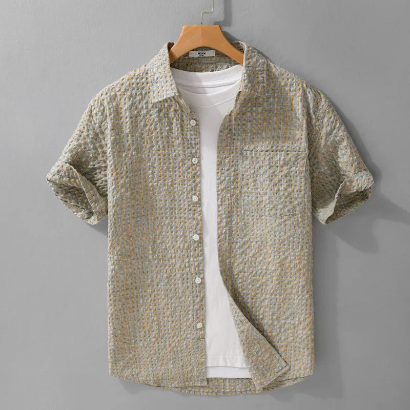2025 Summer New Casual Checkered Bubble Yarn Short Sleeve Shirt for Men Slim Casual Turn-down Collar Classic Shirt FY740
