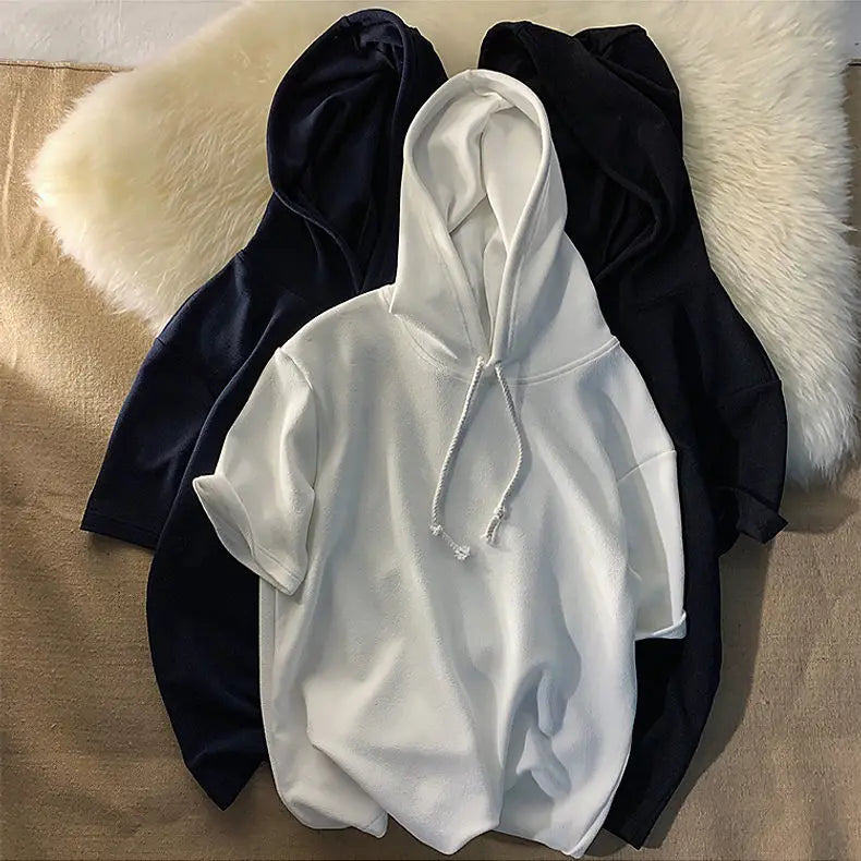 New Hooded Short-sleeved Sweatshirt for Men Summer Fashion T-shirt Mid-sleeved Trendy Teen Pullover