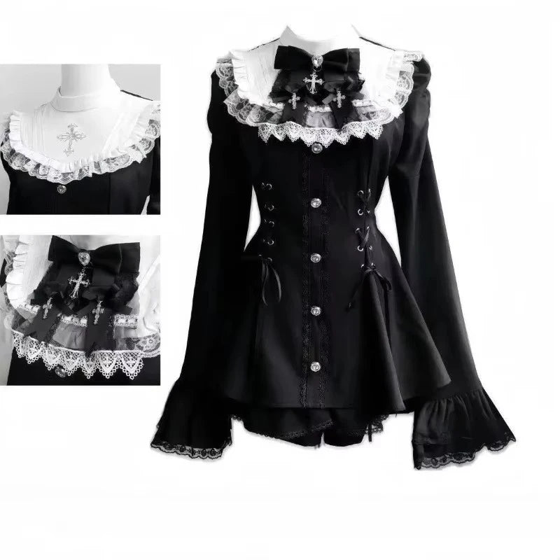 Japanese Gothic Lolita Dress Set Women Harajuku Y2k Bow Lace Ruffles Collar Mini Dresses Female Elegant Party Cute Dress