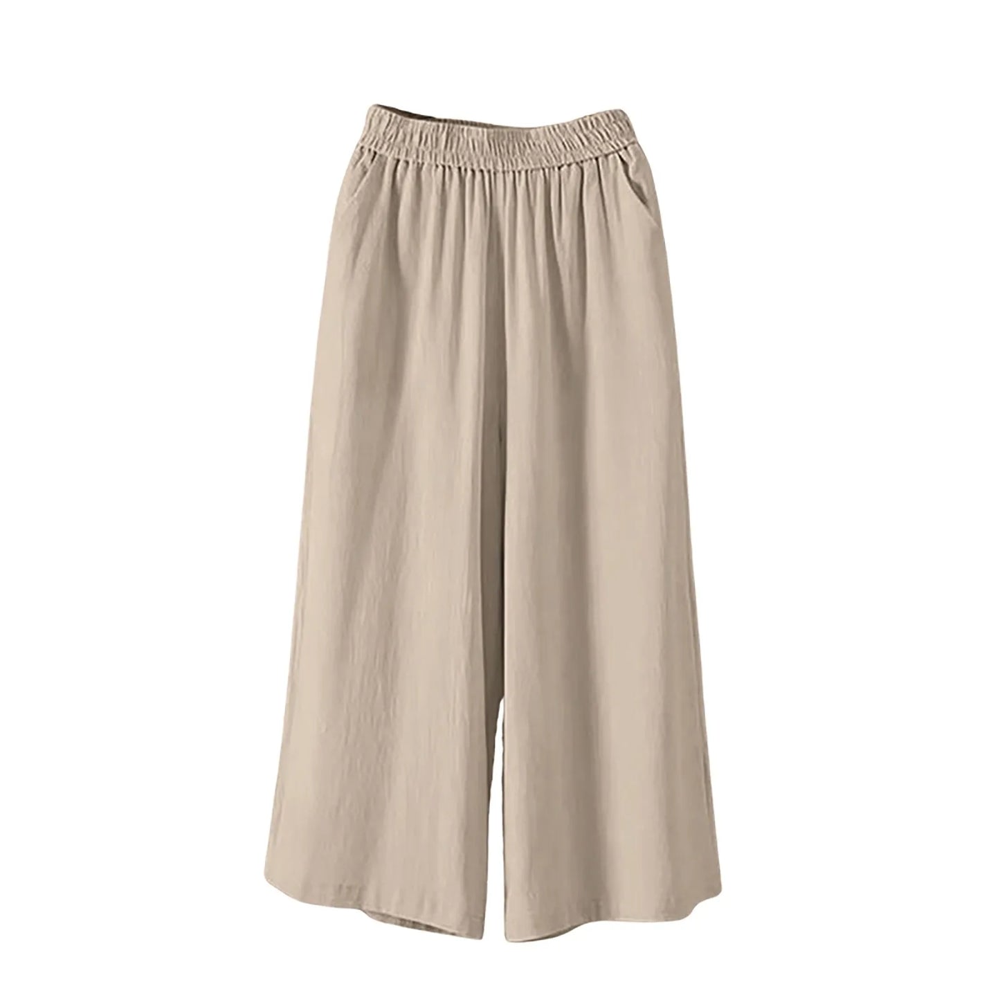 Feamle Casual and Versatile Lazy Style Wide Leg Pants With Pockets Lightweight High Waisted Loose Cropped Capris
