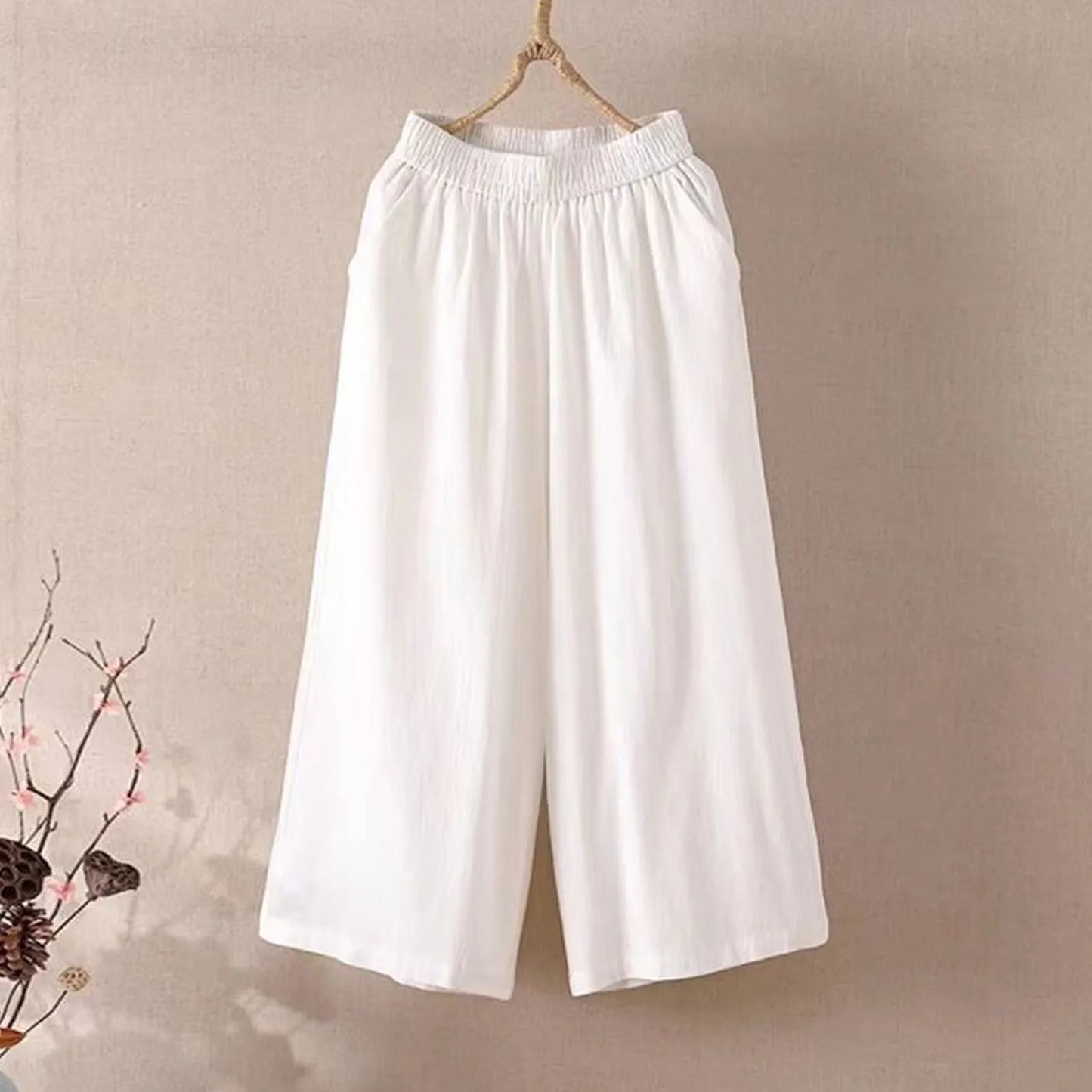 Feamle Casual and Versatile Lazy Style Wide Leg Pants With Pockets Lightweight High Waisted Loose Cropped Capris
