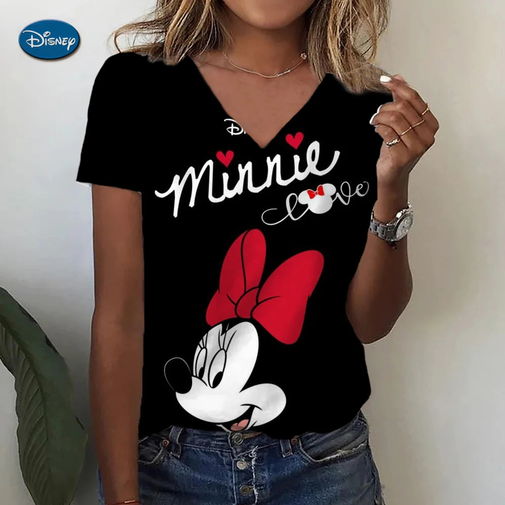 Women's T-shirts Disney Mickey Mouse 3D print New V-neck Short Sleeve Summer Casual Women's Clothing Harajuku Y2K Hip Hop Clothe