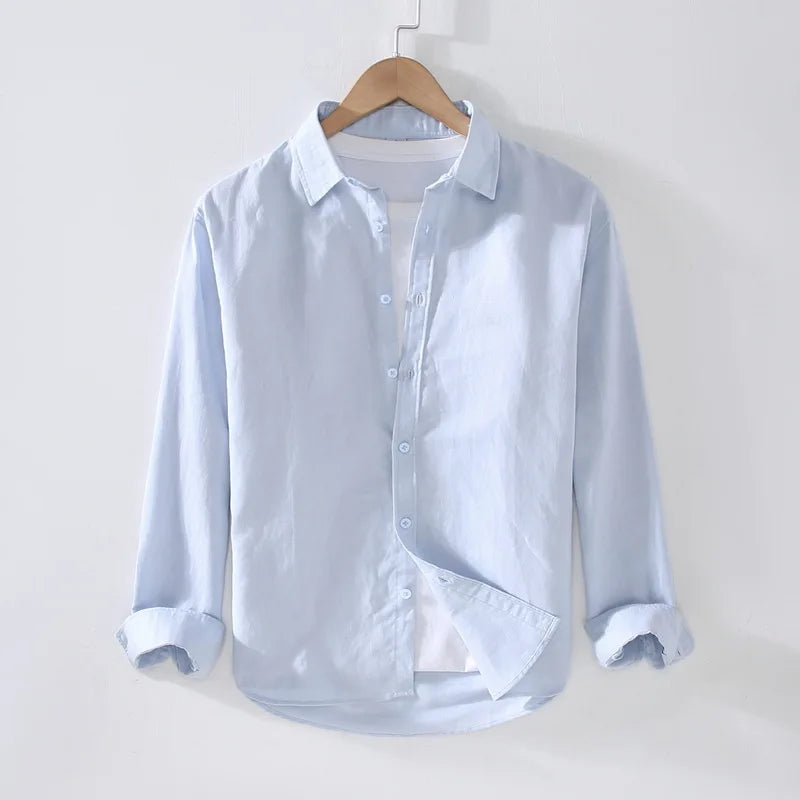 Camping Spring Summer New Linen White Long-Sleeved Shirt, Men's Cotton&Linen Shirt, Business Casual, Comfortable Loose Blouson