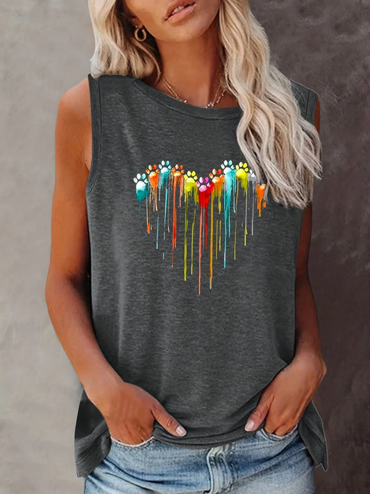 Women's Summer Colorful Paw Print Loose Size Breathable and Comfortable Sleeveless Tank Top T-shirt  Summer Casual Loose