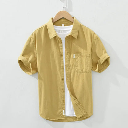 100% Cotton Solid Color Men's Summer Lightweight Short Sleeve Shirt, Business Casual Daily Shirt 2024 Loose Casual Jacket