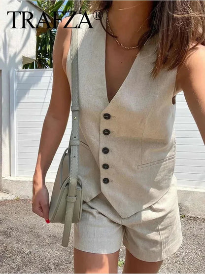 TRAFZA Women Elegant Solid Waistcoat Pant Sets Single Breasted V Neck Vest Top + High Waist Slim Shorts Lady Office Wear Suits