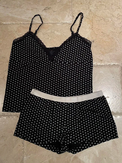 Strawberry Vest Shorts 2 Pieces Set Woman Eyelet Bow Slim Tank Top with Elastic Waist Patchwork Straight Short Pant Sweet Sets
