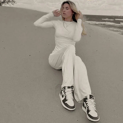 Apprabant Solid Pleated Casual Basic Trousers Set Round Neck Long Sleeve Top Fashion Sports Style High Waist Wide Leg Pants Suit