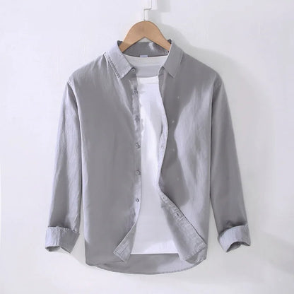 Camping Spring Summer New Linen White Long-Sleeved Shirt, Men's Cotton&Linen Shirt, Business Casual, Comfortable Loose Blouson