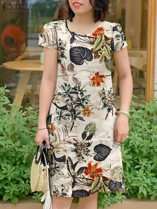 Summer Sundress Women Vintage Short Sleeve Floral Dress Robe 2024 ZANZEA Elegant Holiday Dress Casual O-Neck Beach Vestidos
