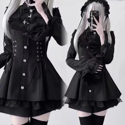 Japanese Gothic Lolita Dress Set Women Harajuku Y2k Bow Lace Ruffles Collar Mini Dresses Female Elegant Party Cute Dress