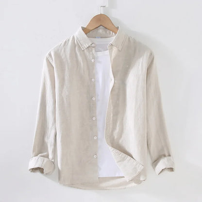 Camping Spring Summer New Linen White Long-Sleeved Shirt, Men's Cotton&Linen Shirt, Business Casual, Comfortable Loose Blouson