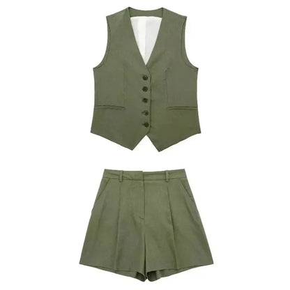 TRAFZA Women Elegant Solid Waistcoat Pant Sets Single Breasted V Neck Vest Top + High Waist Slim Shorts Lady Office Wear Suits