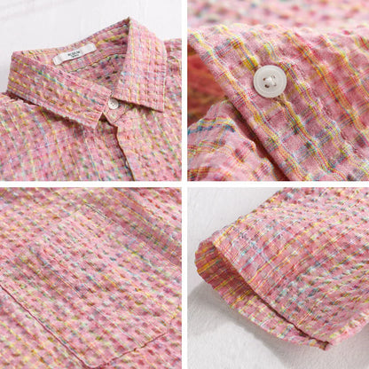 2025 Summer New Casual Checkered Bubble Yarn Short Sleeve Shirt for Men Slim Casual Turn-down Collar Classic Shirt FY740