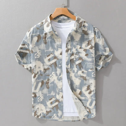 Summer New Beach Printed Pure Cotton Short Sleeve Shirts Men Clothing Casual Simple Thin Soft Streetwear FY545