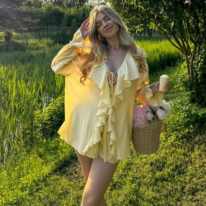 Tuularose New Casual Shorts Two-piece Set Women's Ruffled Loose Tie Top Simple Shorts Set Office Lady Summer Female Shorts Set