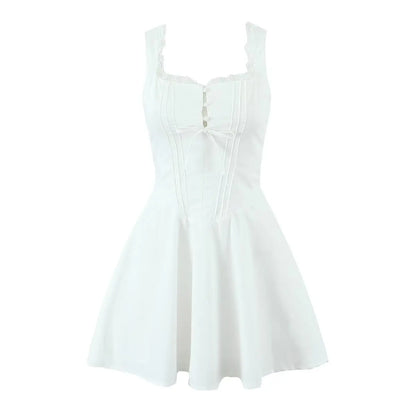 YENKYE New 2025 Women Blue Elegant Party Mini Dresses Sexy Sleeveless Low Waist A-line Summer Dress Lace Up Back Robe