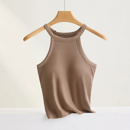 Threaded Halter Neck Camisole Top With Build-in Bra High Elastic Slim-fitting Sling Fixed Cup Breathable Women Underwear