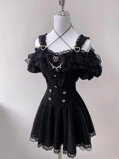 Japanese Gothic Lolita Dress Set Women Harajuku Y2k Bow Lace Ruffles Collar Mini Dresses Female Elegant Party Cute Dress