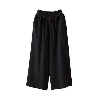 Feamle Casual and Versatile Lazy Style Wide Leg Pants With Pockets Lightweight High Waisted Loose Cropped Capris
