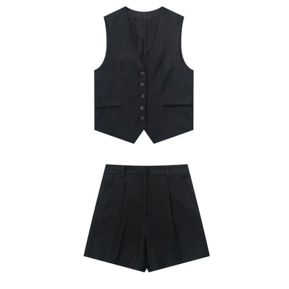 TRAFZA Women Elegant Solid Waistcoat Pant Sets Single Breasted V Neck Vest Top + High Waist Slim Shorts Lady Office Wear Suits