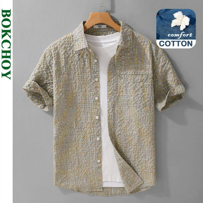 2025 Summer New Casual Checkered Bubble Yarn Short Sleeve Shirt for Men Slim Casual Turn-down Collar Classic Shirt FY740