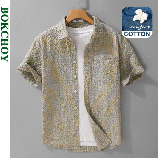 2025 Summer New Casual Checkered Bubble Yarn Short Sleeve Shirt for Men Slim Casual Turn-down Collar Classic Shirt FY740