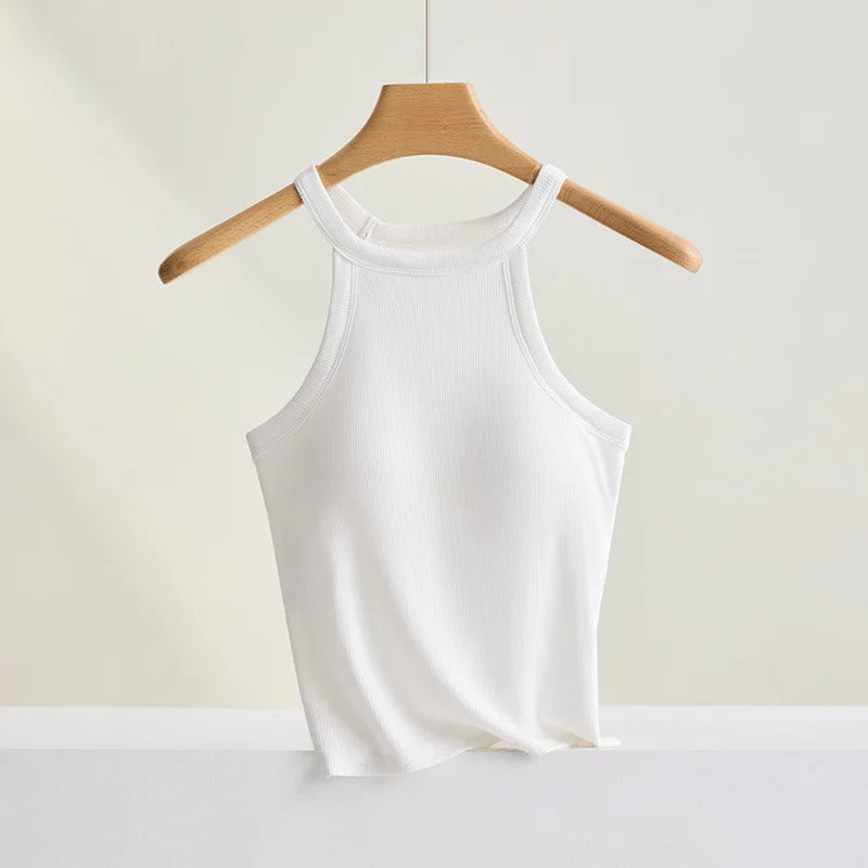Threaded Halter Neck Camisole Top With Build-in Bra High Elastic Slim-fitting Sling Fixed Cup Breathable Women Underwear