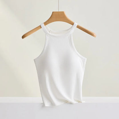 Threaded Halter Neck Camisole Top With Build-in Bra High Elastic Slim-fitting Sling Fixed Cup Breathable Women Underwear