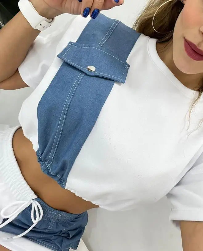 Two Piece Sets Womens Outifits 2023 Summer Fashion Denim Patch Round Neck Short Sleeve Top & Casual Drawstring Pocket Shorts Set