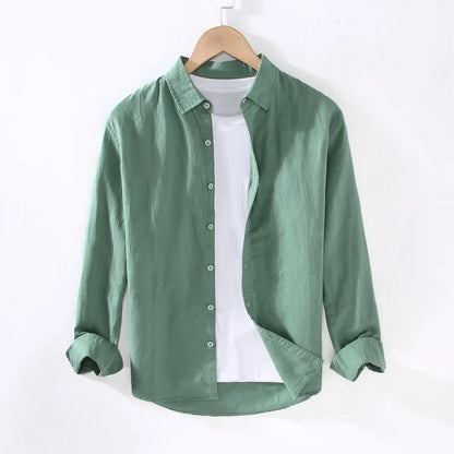 Camping Spring Summer New Linen White Long-Sleeved Shirt, Men's Cotton&Linen Shirt, Business Casual, Comfortable Loose Blouson