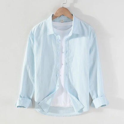 Camping Spring Summer New Linen White Long-Sleeved Shirt, Men's Cotton&Linen Shirt, Business Casual, Comfortable Loose Blouson