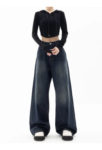 Retro Street Style Wide Leg Pants Niche Design Floor Length Pants High Waisted Loose Fit Slimming Jeans For Women