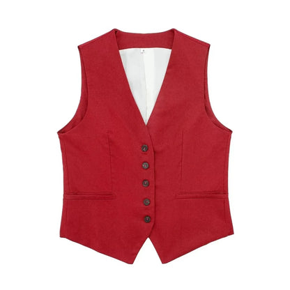 TRAFZA Women Elegant Solid Waistcoat Pant Sets Single Breasted V Neck Vest Top + High Waist Slim Shorts Lady Office Wear Suits