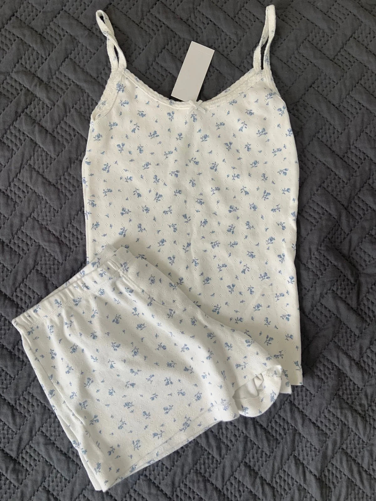 Strawberry Vest Shorts 2 Pieces Set Woman Eyelet Bow Slim Tank Top with Elastic Waist Patchwork Straight Short Pant Sweet Sets