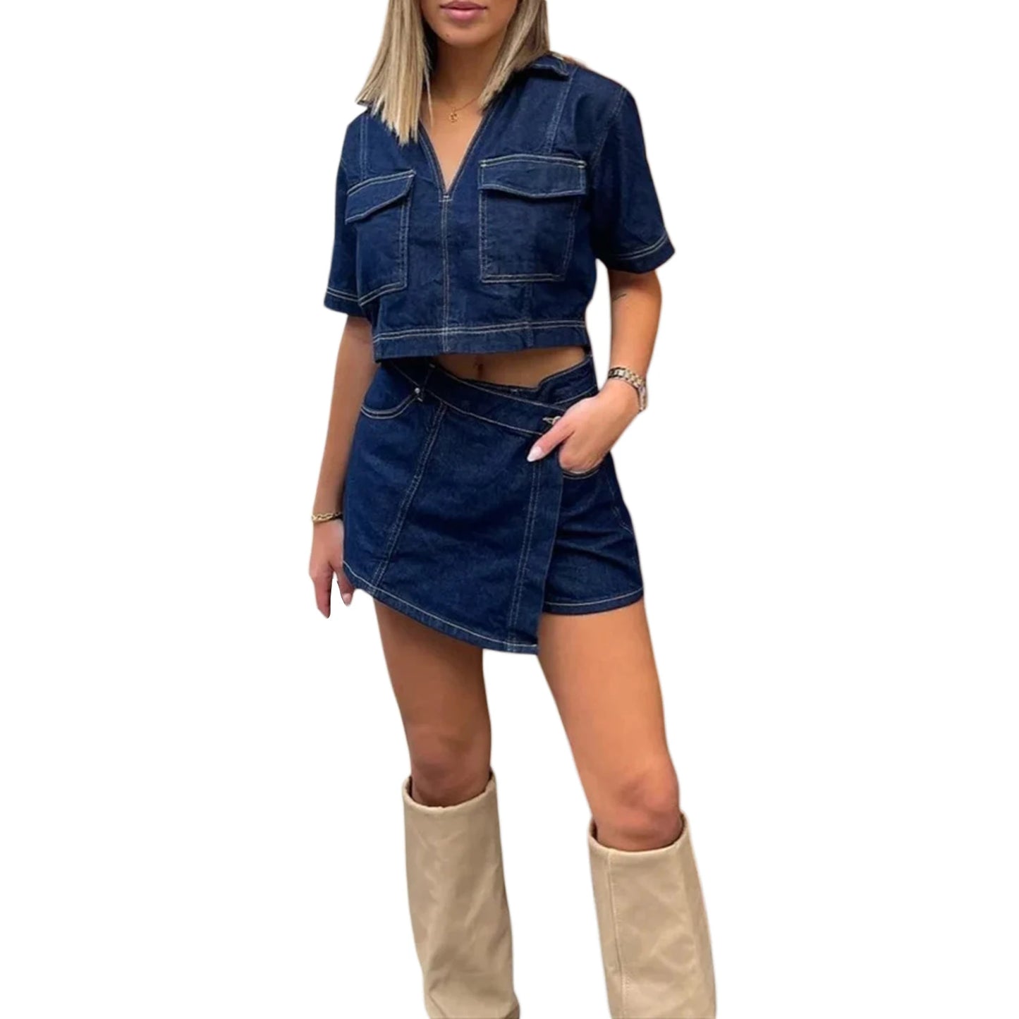 Women’s 2 Piece Denim Outfits Set Short Sleeve Lapel Neck Cropped Jean Pullover Tops + Button High Waist Asymmetrical Shorts