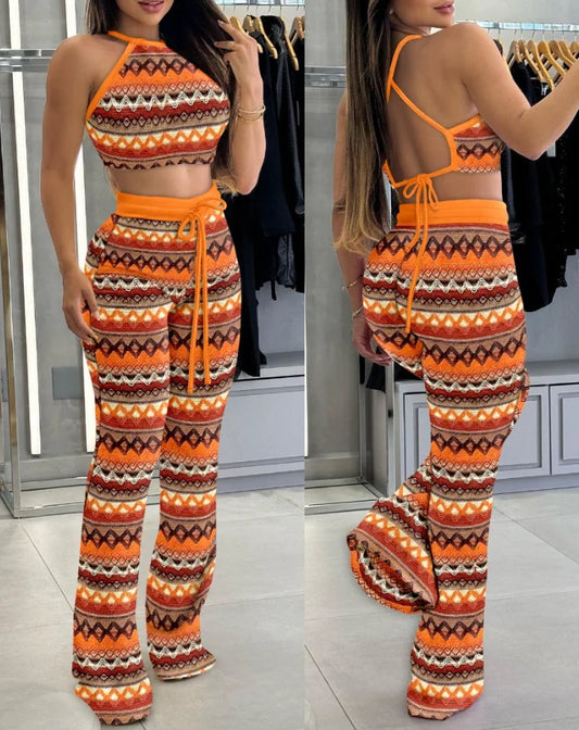 Women 2 Pieces Outfits Summer New Fashion Striped Print Halter Tied Detail Sleeveless Knitted Top & Casual Slim Fit Pants Set