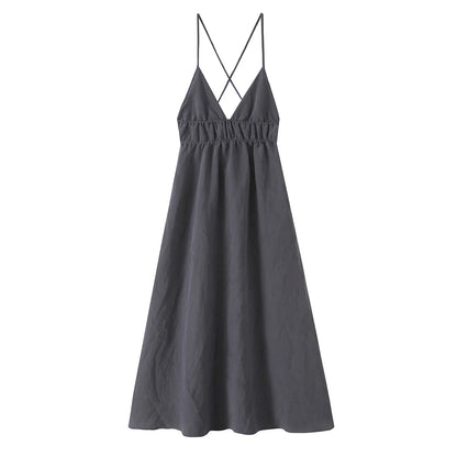 PB&ZA2025 New Women's Casual Fashion Temperament Pleated Drape Backless Midi Sling V-neck Dress Long Skirt