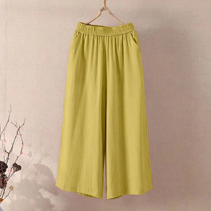 Feamle Casual and Versatile Lazy Style Wide Leg Pants With Pockets Lightweight High Waisted Loose Cropped Capris
