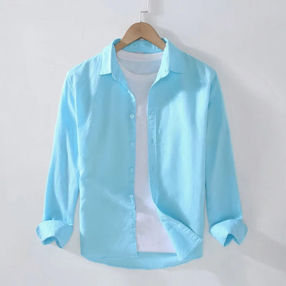 Camping Spring Summer New Linen White Long-Sleeved Shirt, Men's Cotton&Linen Shirt, Business Casual, Comfortable Loose Blouson