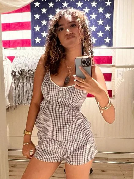 Red Plaid Buttons Tank Shorts Set Woman Back Lace-up Lace Trim Slim Camis+Elastic Waist Sweatshorts Sweet Cotton 2 Piece Sets