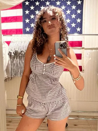 Red Plaid Buttons Tank Shorts Set Woman Back Lace-up Lace Trim Slim Camis+Elastic Waist Sweatshorts Sweet Cotton 2 Piece Sets